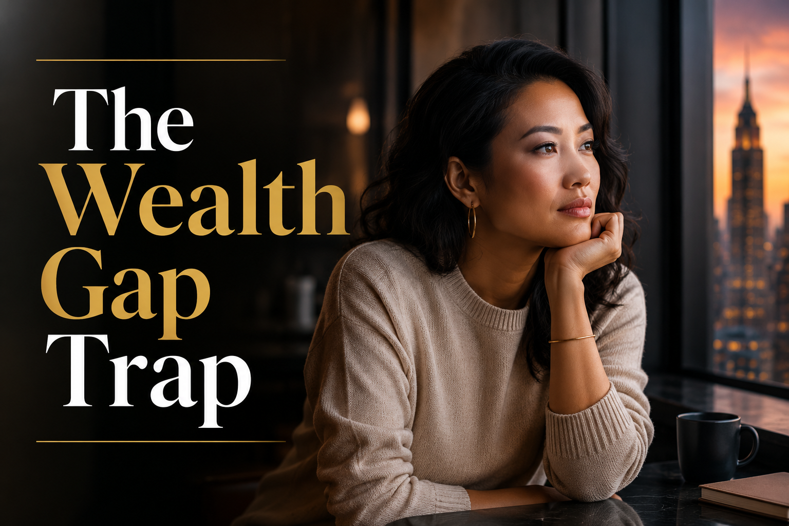 American woman reflecting on the gender wealth gap, debt, credit traps, and financial freedom.