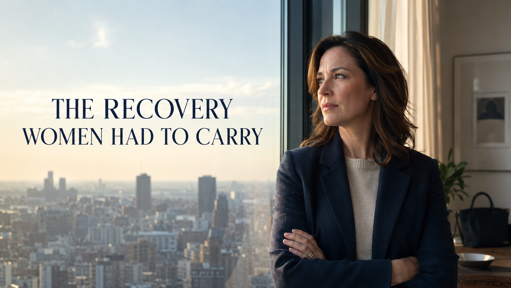 Elegant American woman overlooking a city skyline, reflecting on financial resilience, career recovery, debt, and independence after the 2008 Great Recession.