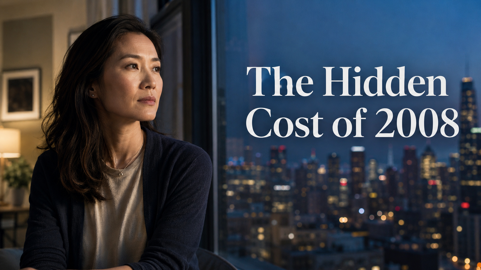 Elegant American woman overlooking a city skyline, reflecting on the lasting financial stress and mental health effects of the 2008 crisis.