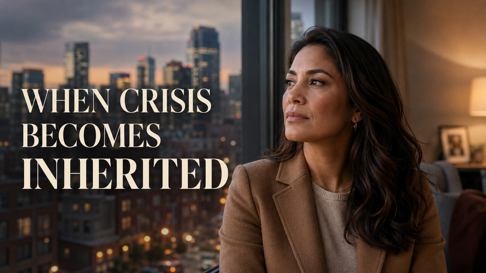 Elegant American woman overlooking a city skyline, reflecting on economic crises, generational debt, and women’s financial resilience.