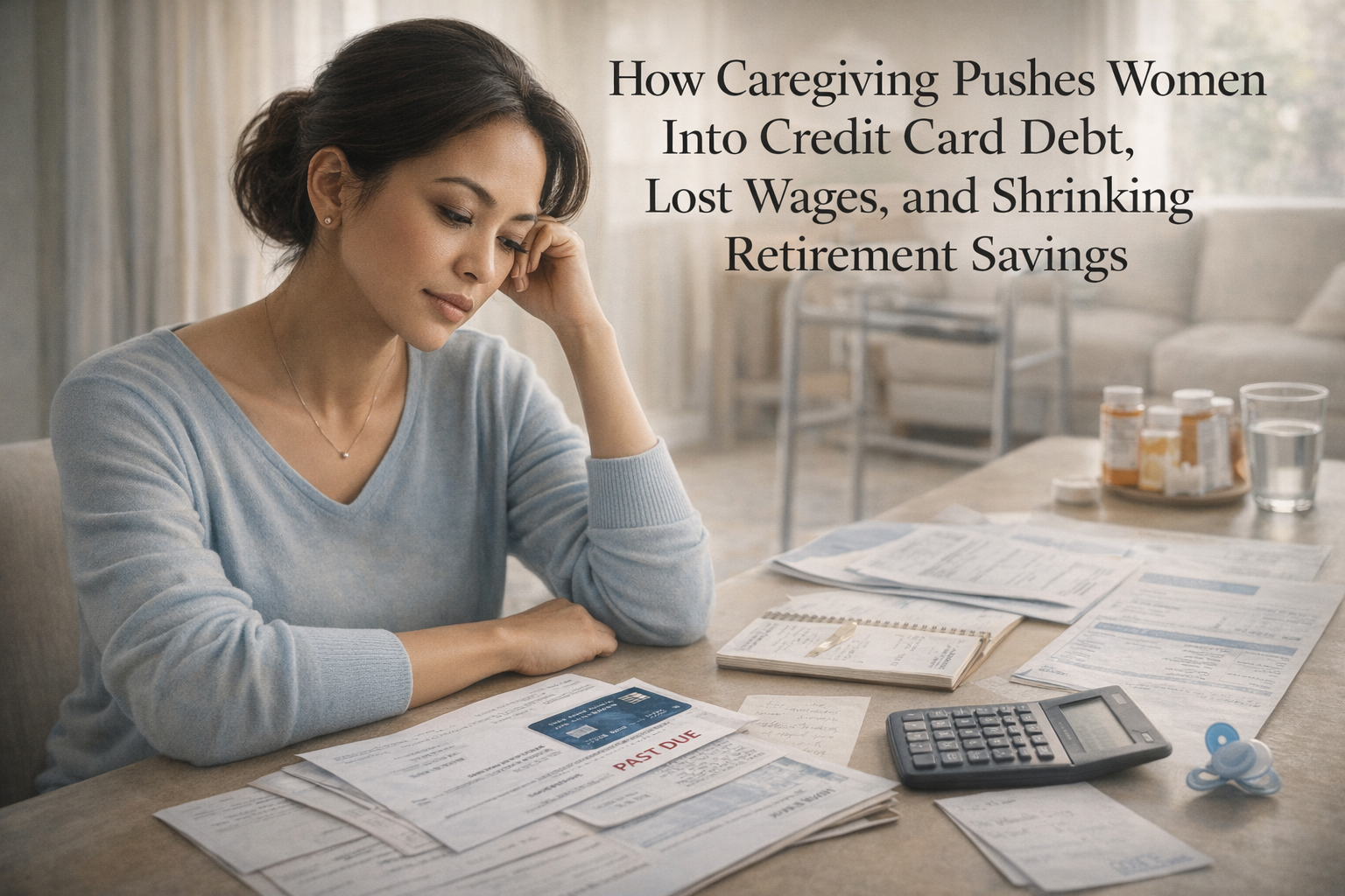 Woman reviewing past-due bills, a credit card statement, and care-related expenses, showing how caregiving strains income and financial security