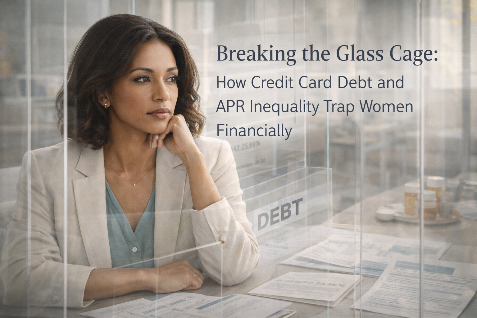 Woman behind glass-like barriers with debt papers and APR figures, symbolizing how credit card debt traps women and limits financial freedom