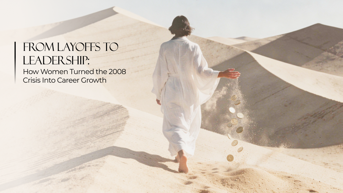 Woman walking across desert dunes leaving footprints while coins fall into the sand, symbolizing resilience, financial transformation, and rebuilding power after crisis