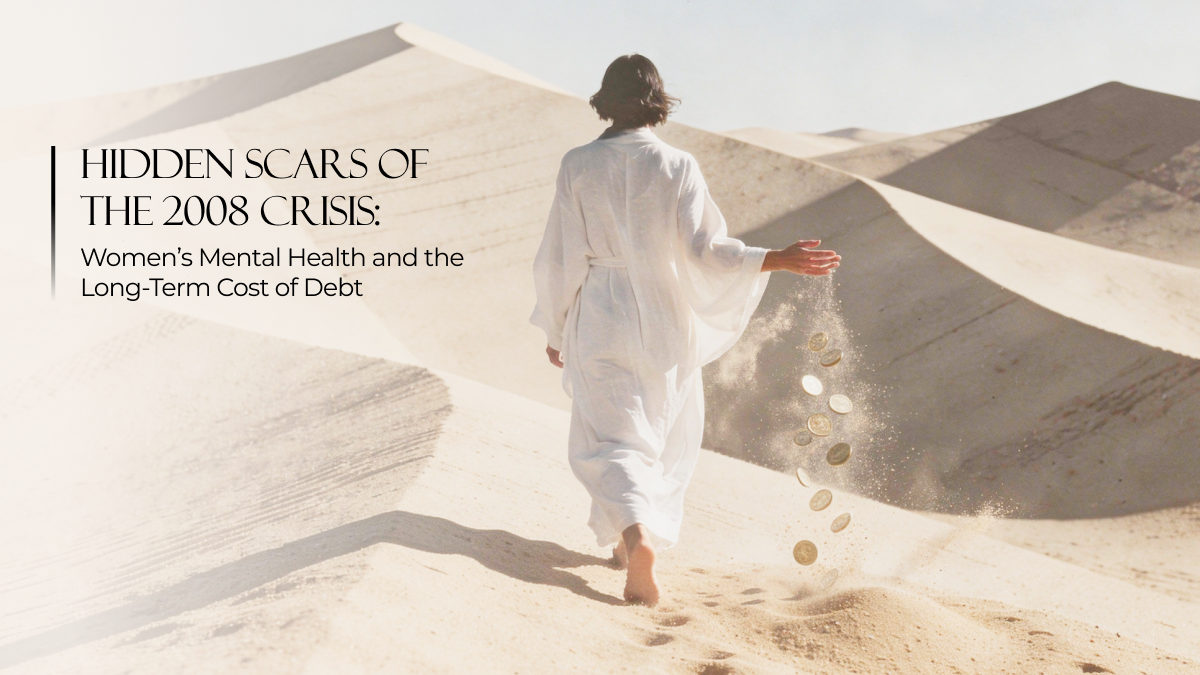 Woman walking across desert dunes with coins slipping from her hand, symbolizing financial loss, emotional strain, and post-crisis resilience