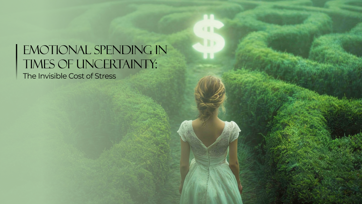 Woman standing in a green hedge maze facing a glowing dollar sign, symbolizing financial anxiety and emotional spending during uncertain times.