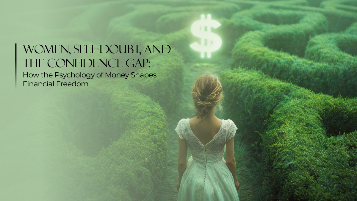 Woman facing a green labyrinth with a glowing dollar symbol at the center, representing the psychological journey between self-doubt, confidence, and financial freedom
