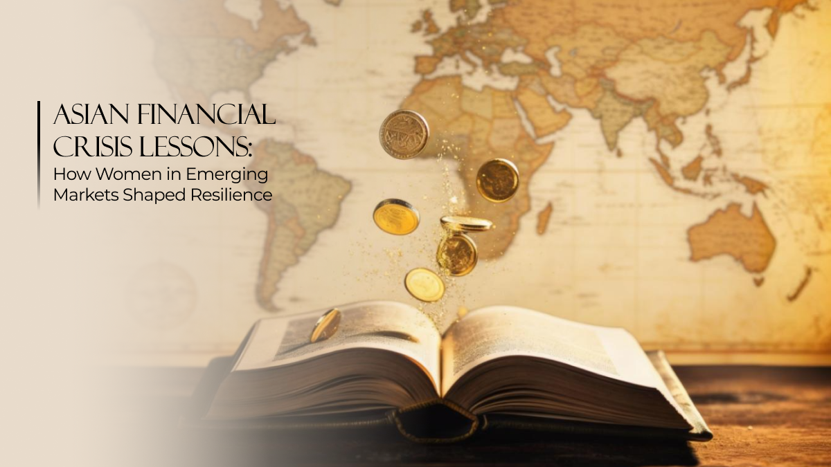 Open book with coins rising before a world map, symbolizing lessons from the Asian financial crisis and women’s resilience in emerging markets