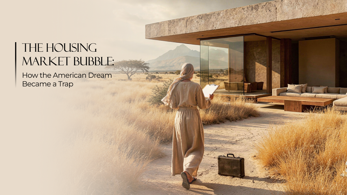 : Cover image for “The Housing Market Bubble: How the American Dream Became a Trap”: woman walking to a modern house, hinting at financial risk