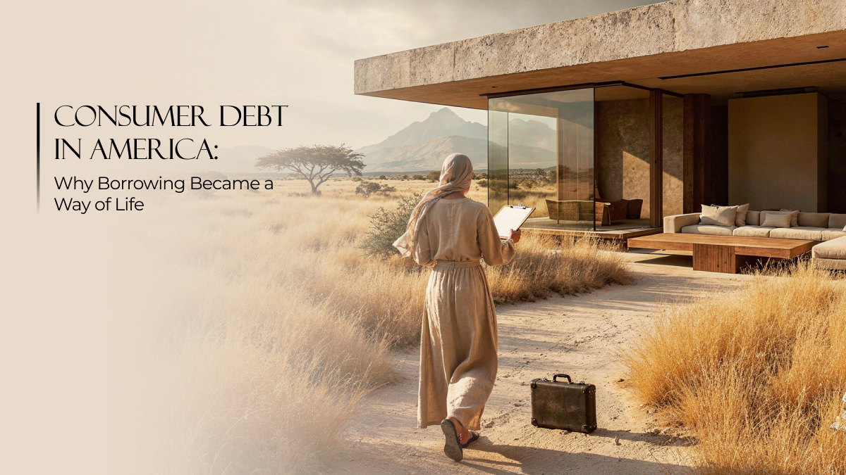 Woman walking toward a modern house in an open landscape, holding documents, symbolizing consumer debt in America and everyday borrowing as a way of life