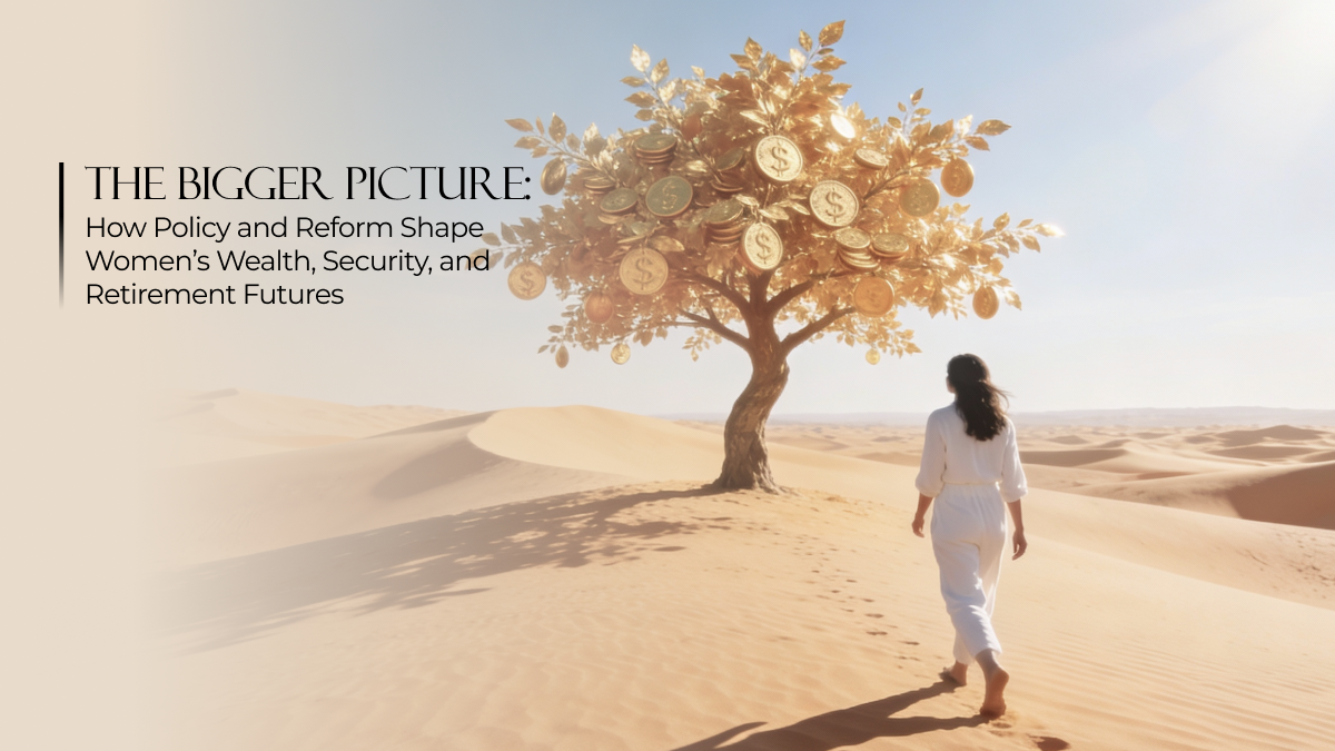 Woman walking through a desert toward a golden tree with coin leaves, symbolizing women’s wealth, financial stability, and long-term economic security
