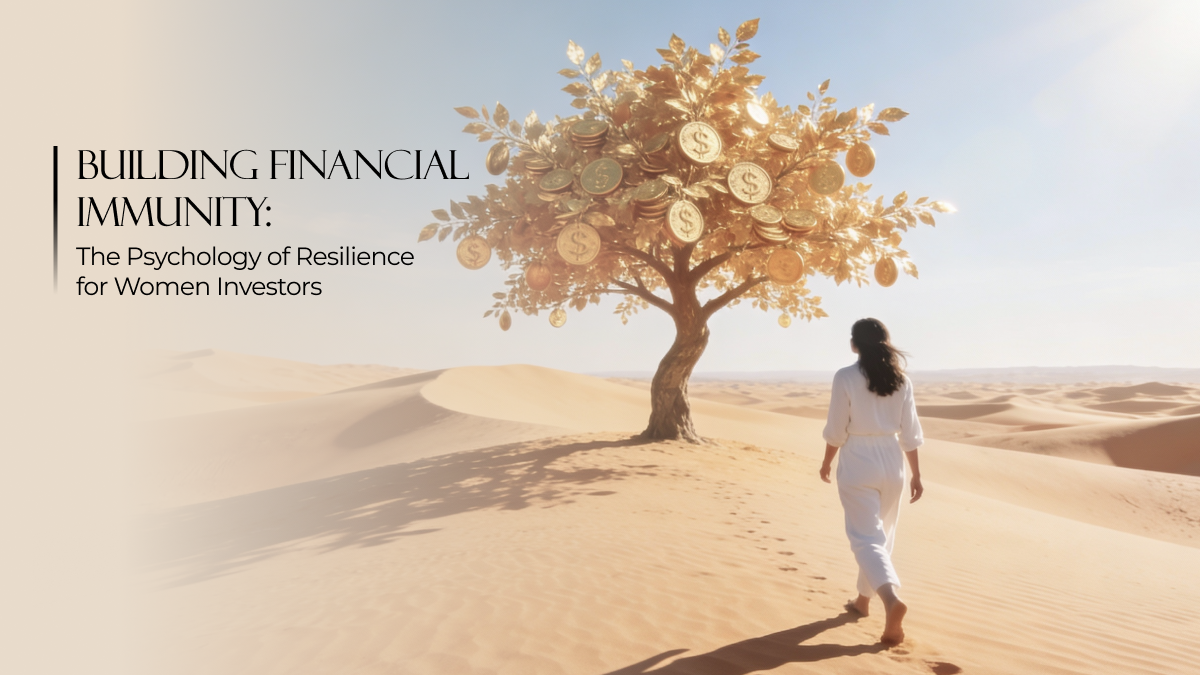 Woman walking toward a golden tree filled with coins in a desert, symbolizing financial immunity and long-term resilience for women investors.