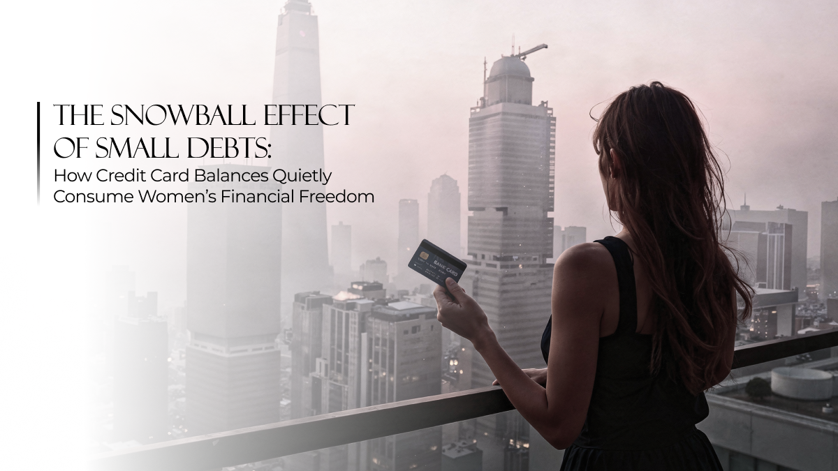 Woman overlooking a city skyline while holding a credit card, symbolizing how small recurring balances quietly grow into financial pressure over time