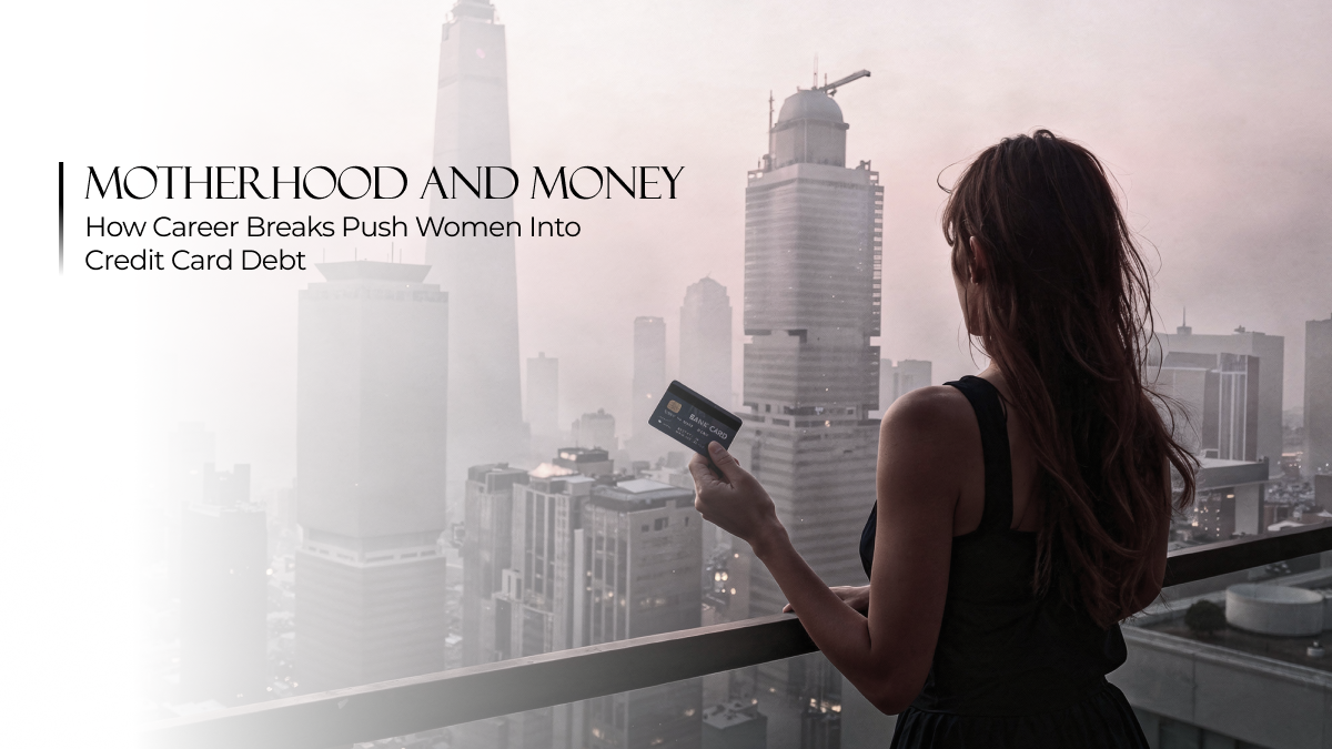 Woman holding a credit card while looking at a city skyline at dusk, symbolizing the financial pressures and structural debt challenges women face today