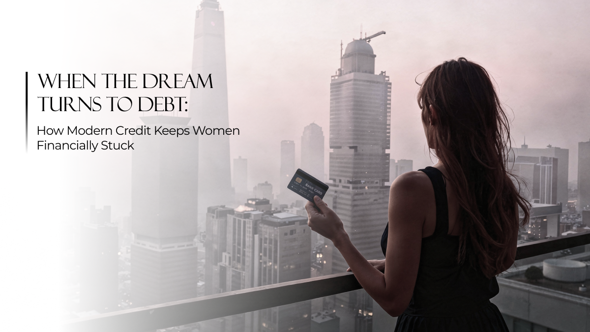 Woman holding a credit card on a city balcony at dusk, symbolizing how modern debt reshapes women’s financial progress and stability