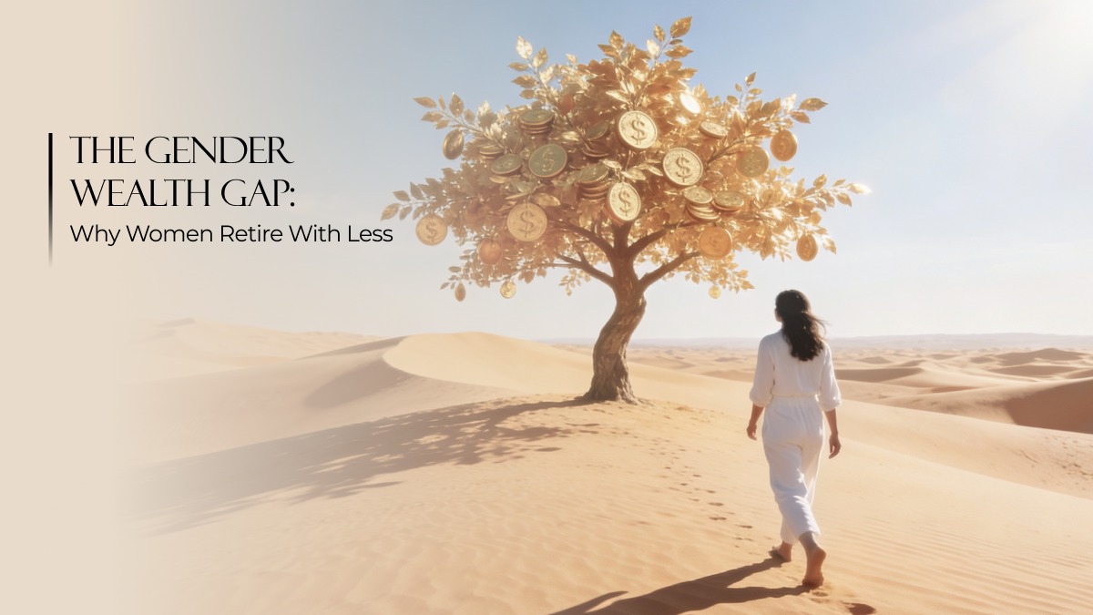 Woman walking toward a golden tree made of coins in a vast desert, symbolizing structural inequality and the gender retirement wealth gap