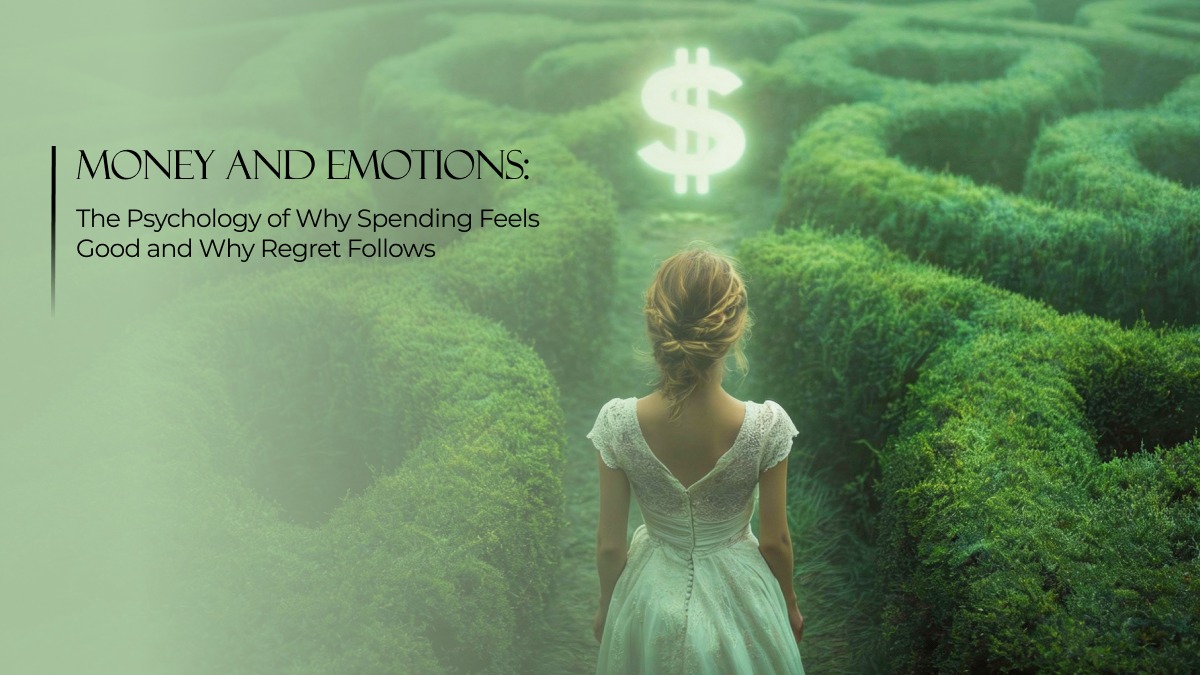 Woman standing in a green maze beneath a glowing dollar sign, symbolizing the emotional path between spending pleasure and financial regret in everyday decisions