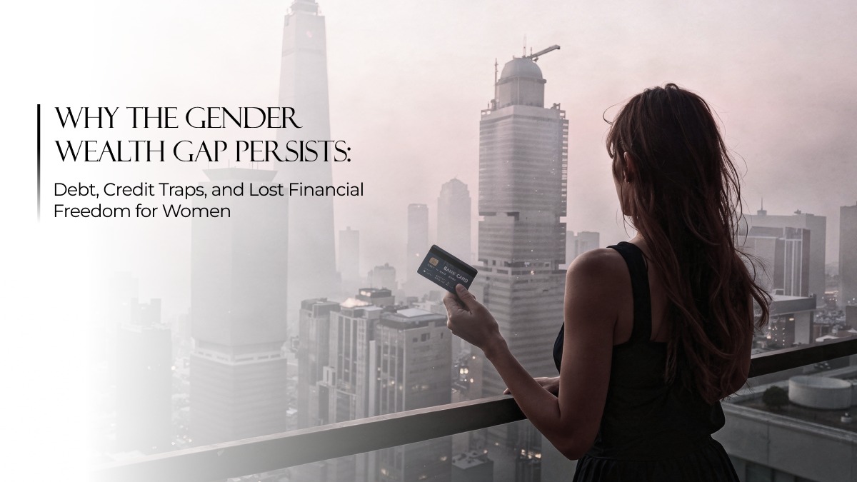 Woman holding a credit card while overlooking a city skyline, symbolizing how debt and credit traps contribute to the gender wealth gap