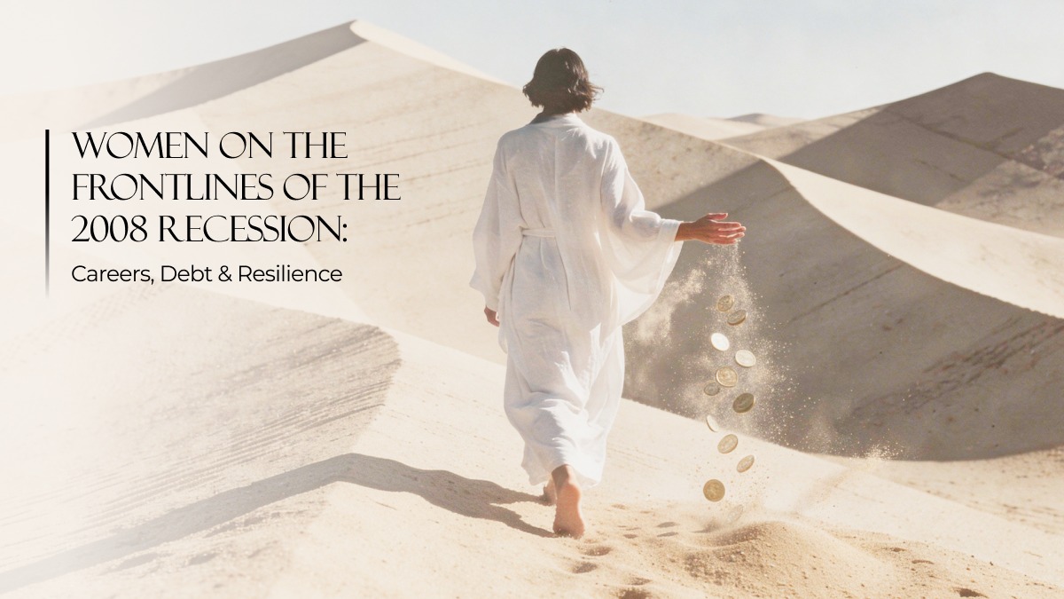 Woman walking alone across desert dunes as coins fall into the sand, symbolizing how the 2008 recession impacted women’s careers and debt