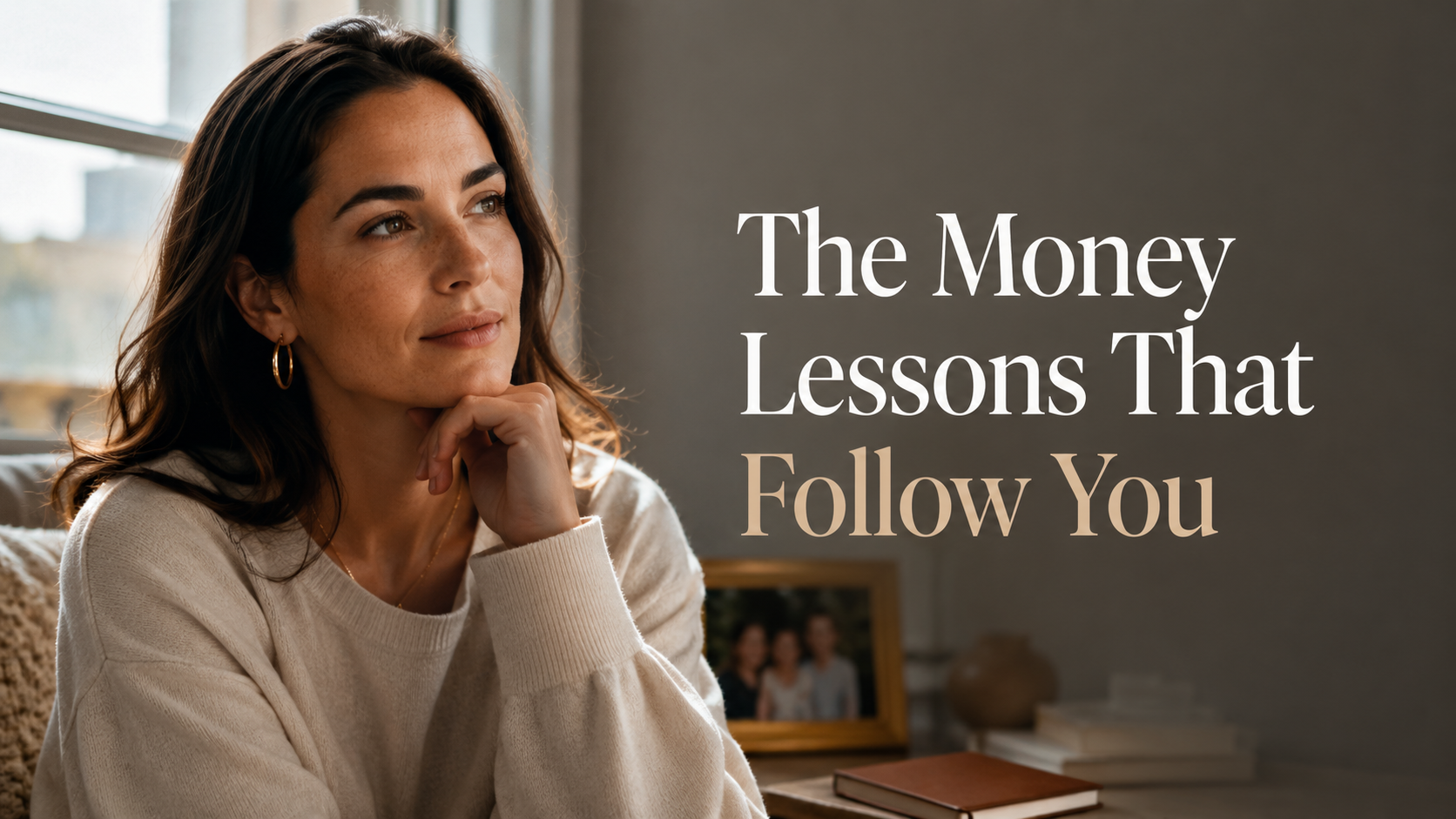 Elegant American woman reflecting on childhood money lessons, family money messages, emotional money scripts, and women’s financial futures.