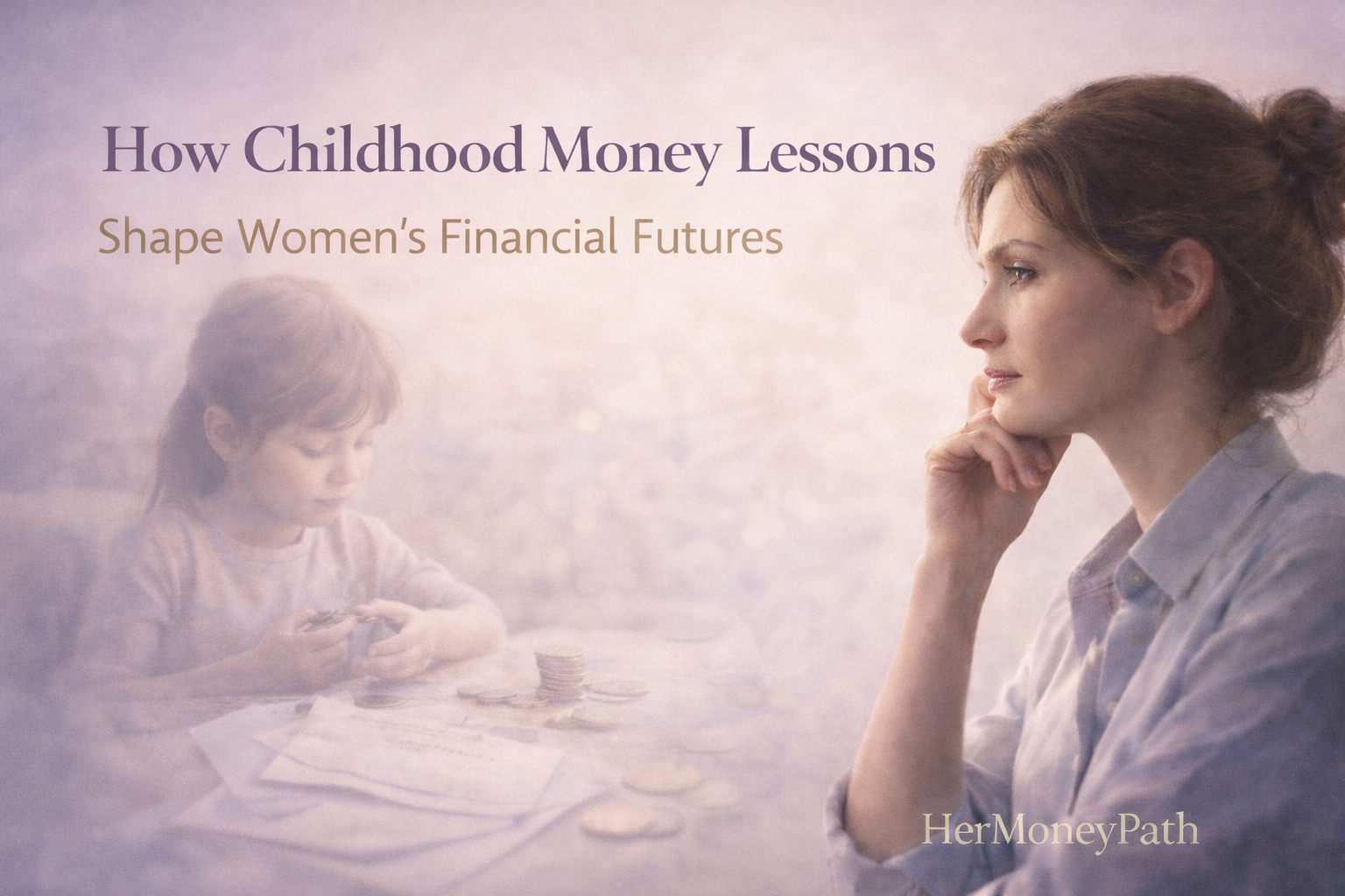 Woman and child with coins and savings jars, symbolizing how childhood money lessons shape women’s financial habits, choices, and future security