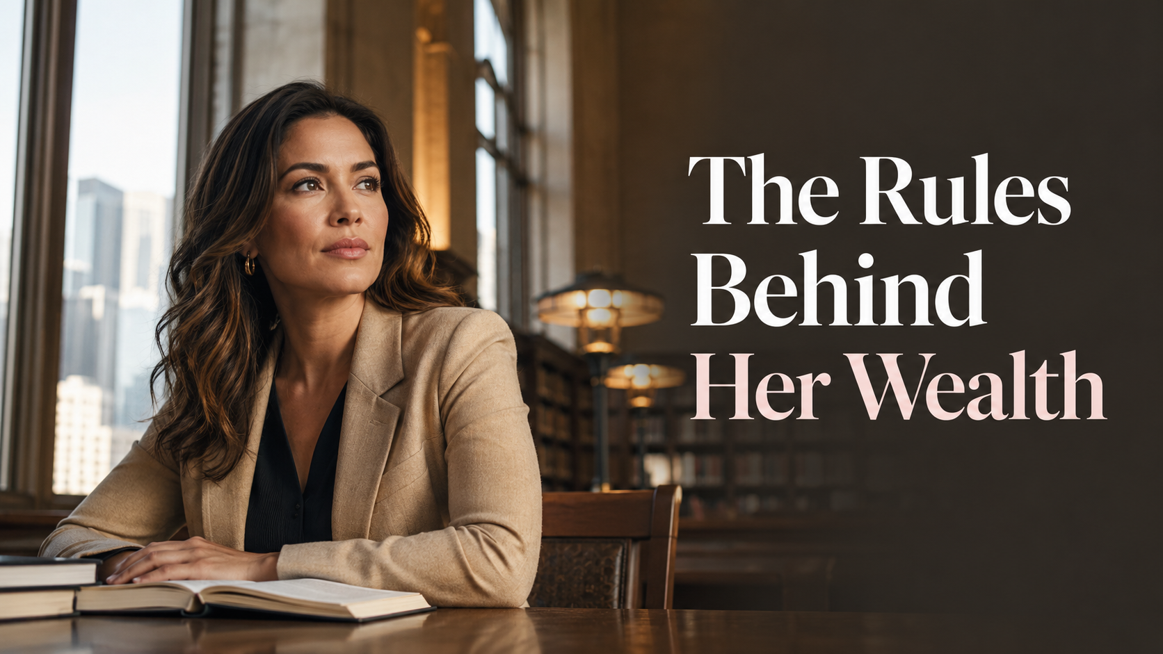 Elegant American woman in a refined library setting reflecting on how public policy and reform shape women’s wealth, security, and retirement futures.