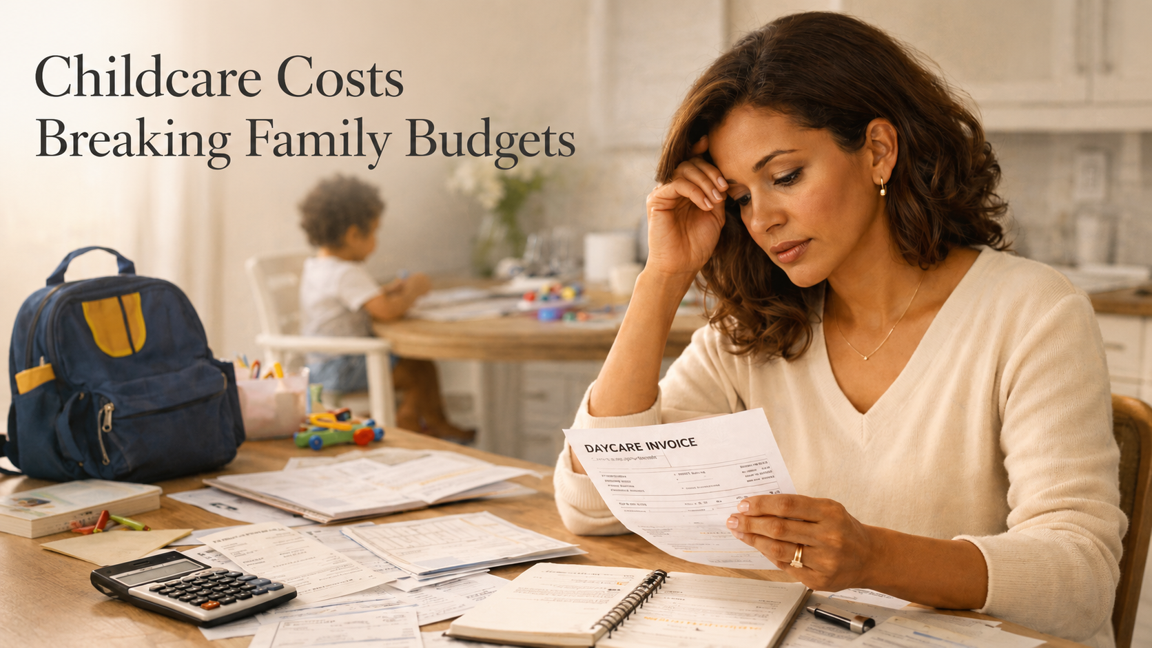 Woman reviewing a daycare invoice at a kitchen table with bills and calculator, showing how childcare costs strain family budgets at home