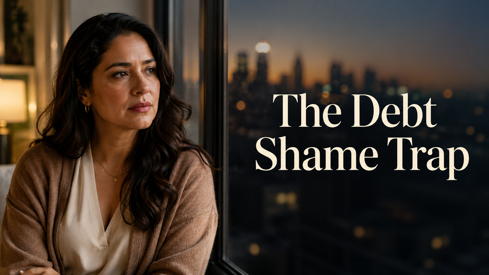 Elegant American woman reflecting on money shame, debt pressure, financial stress, and hidden financial struggle.