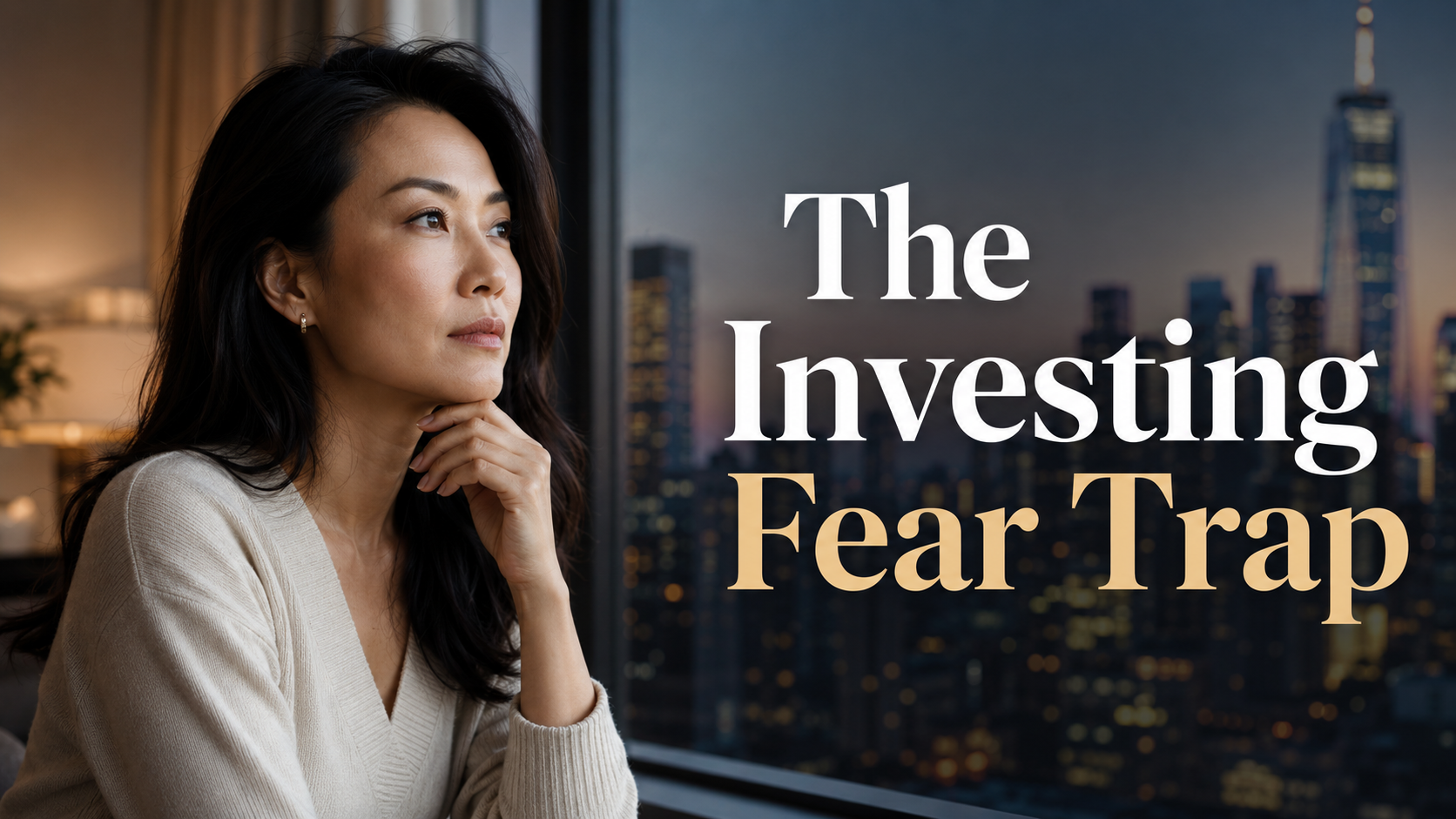 Elegant American woman reflecting on the fear of investing, financial confidence, risk, and long-term wealth building.