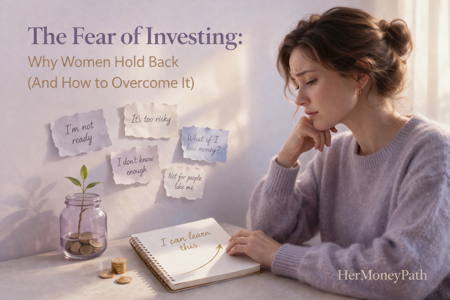 Woman standing thoughtfully in soft light, symbolizing fear of investing, financial uncertainty, and the search for long-term wealth and security.