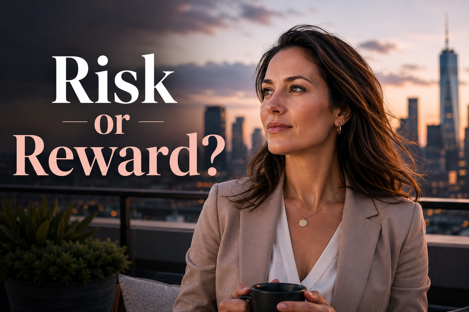 Elegant American woman on a rooftop terrace reflecting on stock market risk and reward for long-term wealth.