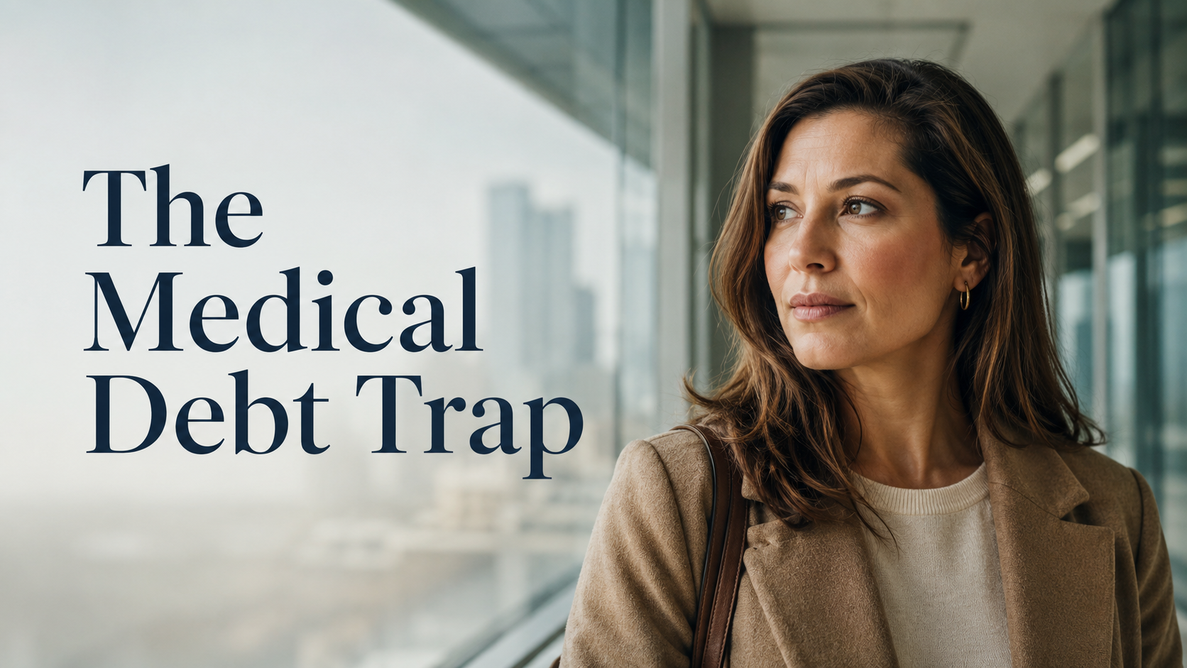 Elegant American woman reflecting on healthcare costs, medical debt, insurance pressure, and women’s financial stability.