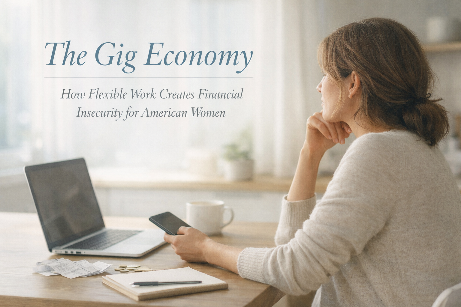 American woman managing bills and gig work income at home, showing how flexible work can create instability and financial insecurity