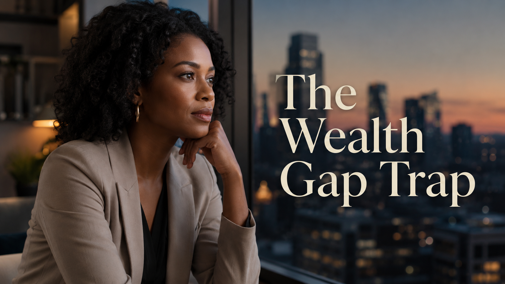 Elegant American woman reflecting on the gender wealth gap, debt pressure, credit traps, and lost financial freedom.