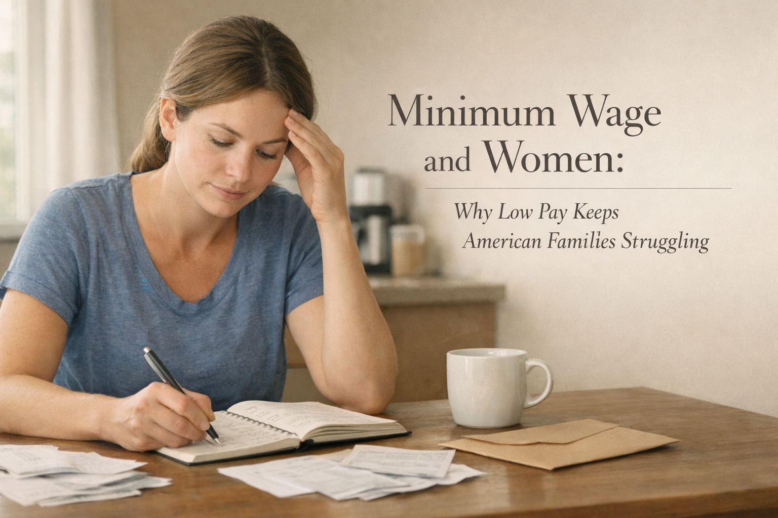 Woman reviewing household bills at a table in soft natural light, illustrating how low pay affects women’s financial stability and family life.