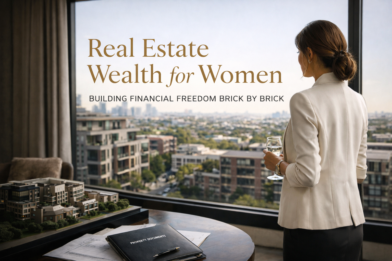 Woman facing a bright horizon at sunrise, with subtle financial chart overlay, symbolizing women’s financial freedom, inequality, and long-term stability