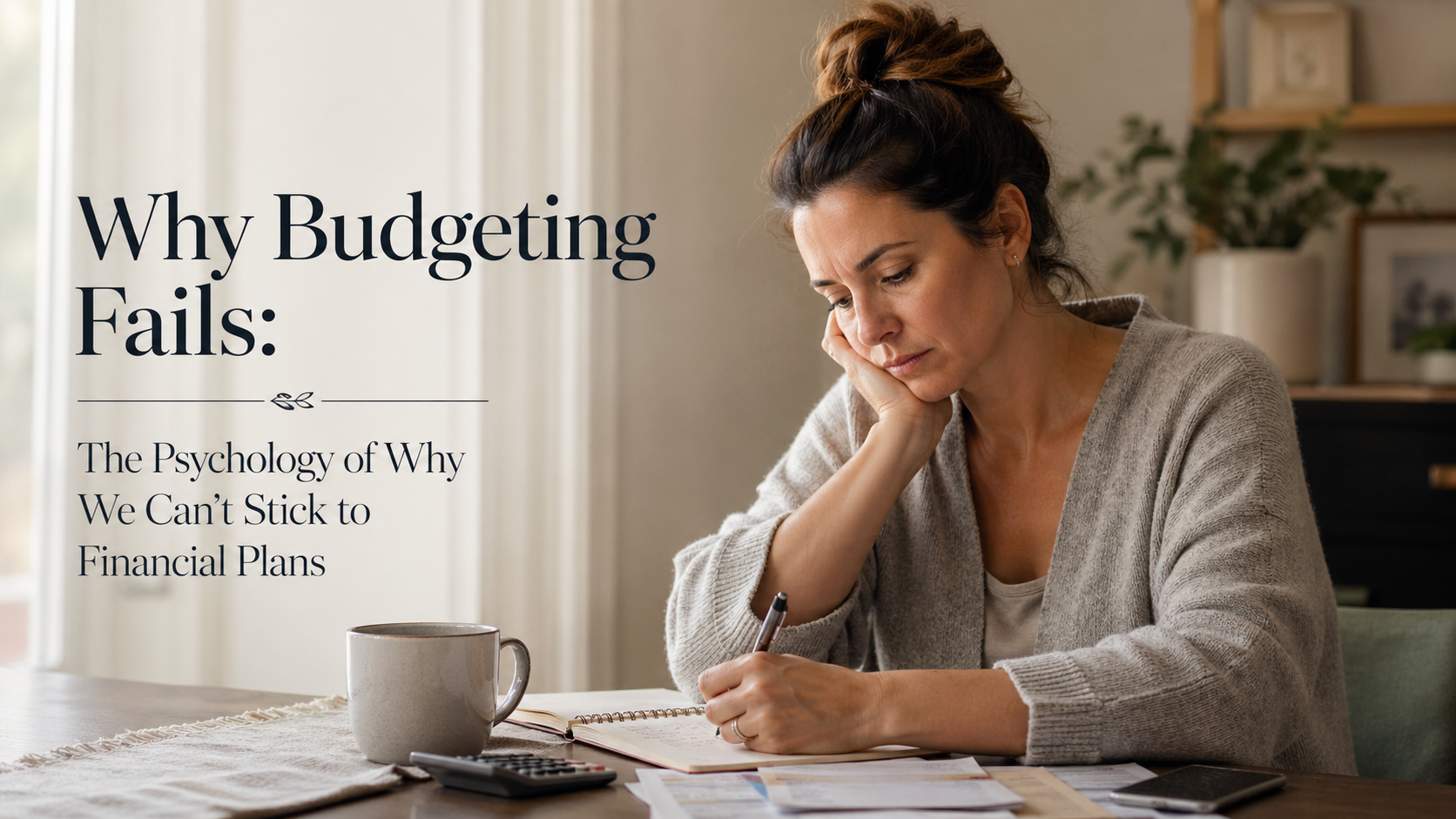 Woman thoughtfully reviewing bills and a budget notebook at home, reflecting the emotional weight of financial planning.