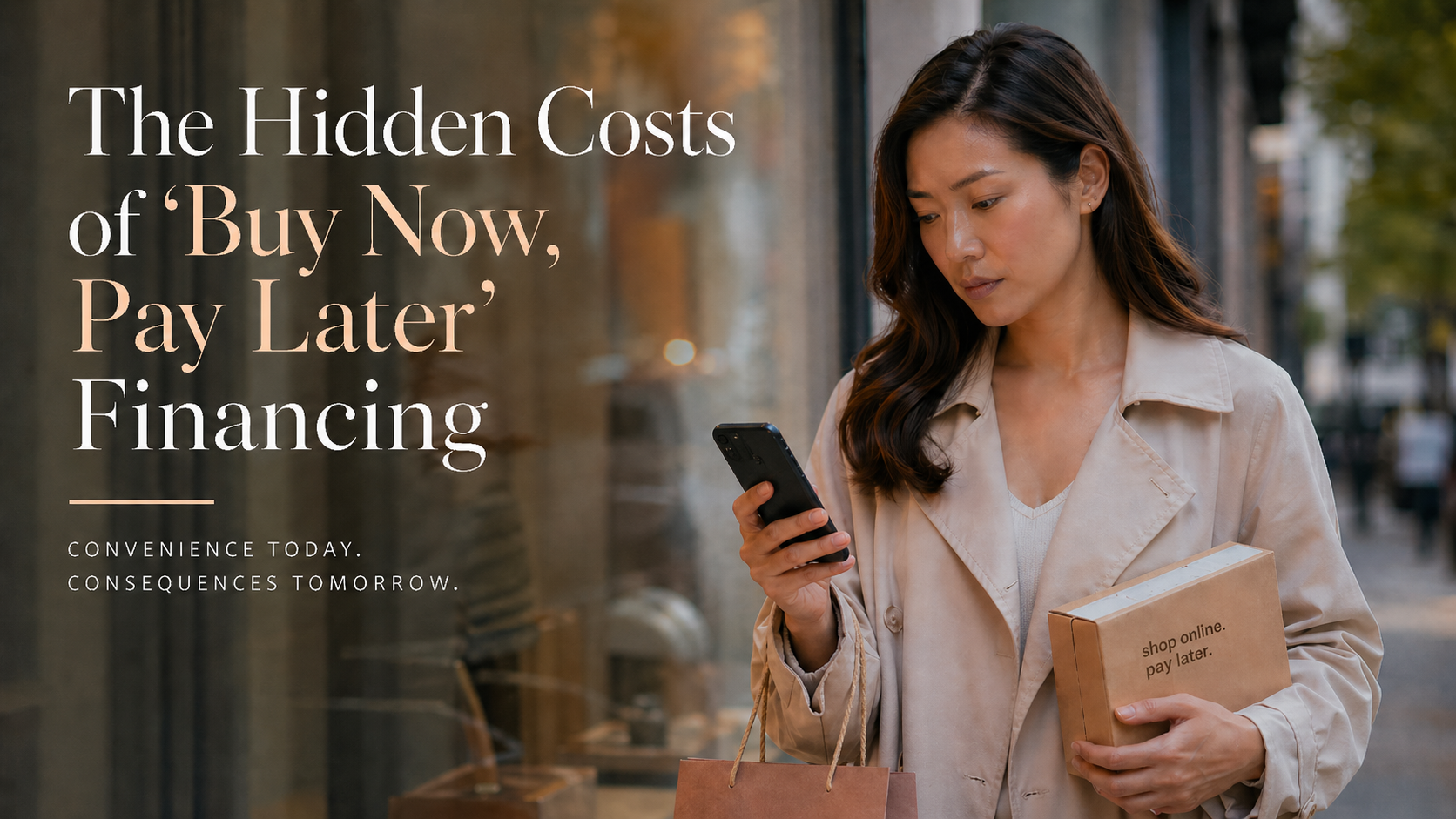 Asian American woman shopping on a city sidewalk, looking at her phone beside the headline about Buy Now, Pay Later hidden costs.
