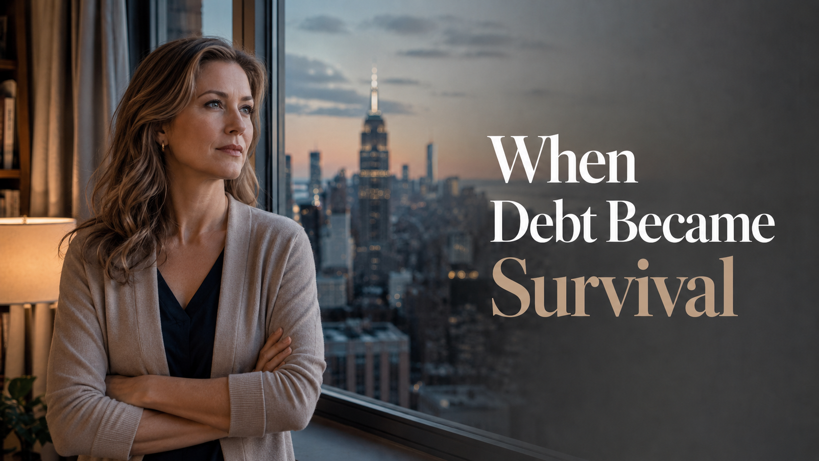 Elegant American woman reflecting on credit cards as financial lifelines, household debt, and the 2008 financial crisis.