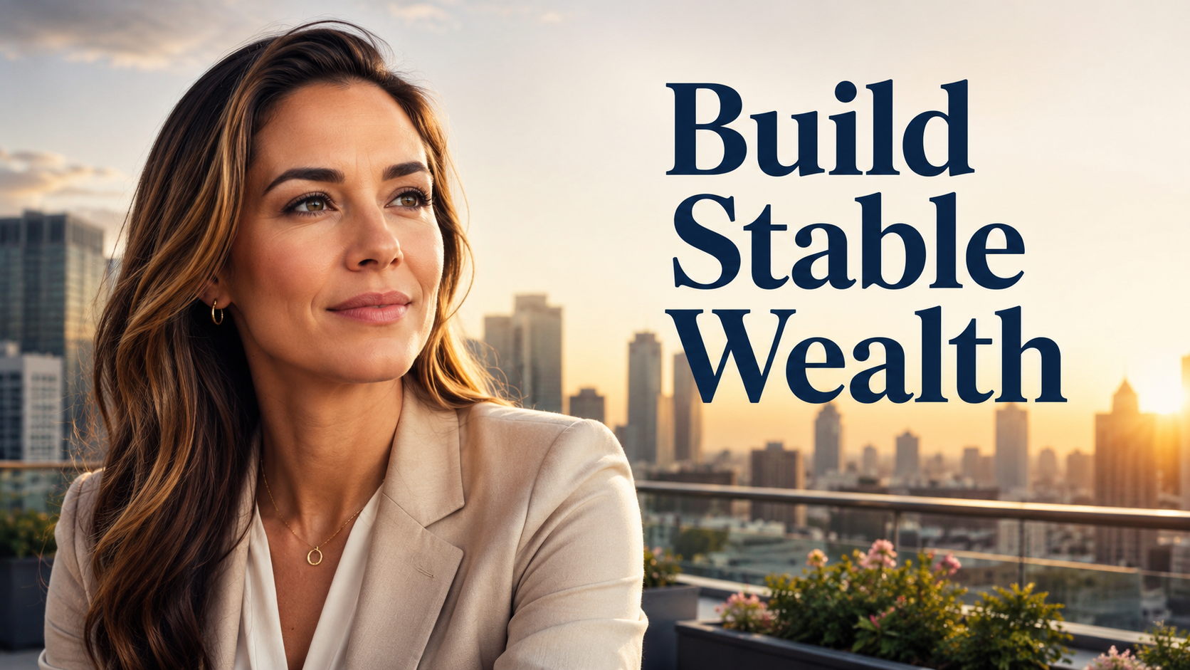 Elegant American woman on a rooftop terrace reflecting on bonds, funds, ETFs, and stable long-term wealth.