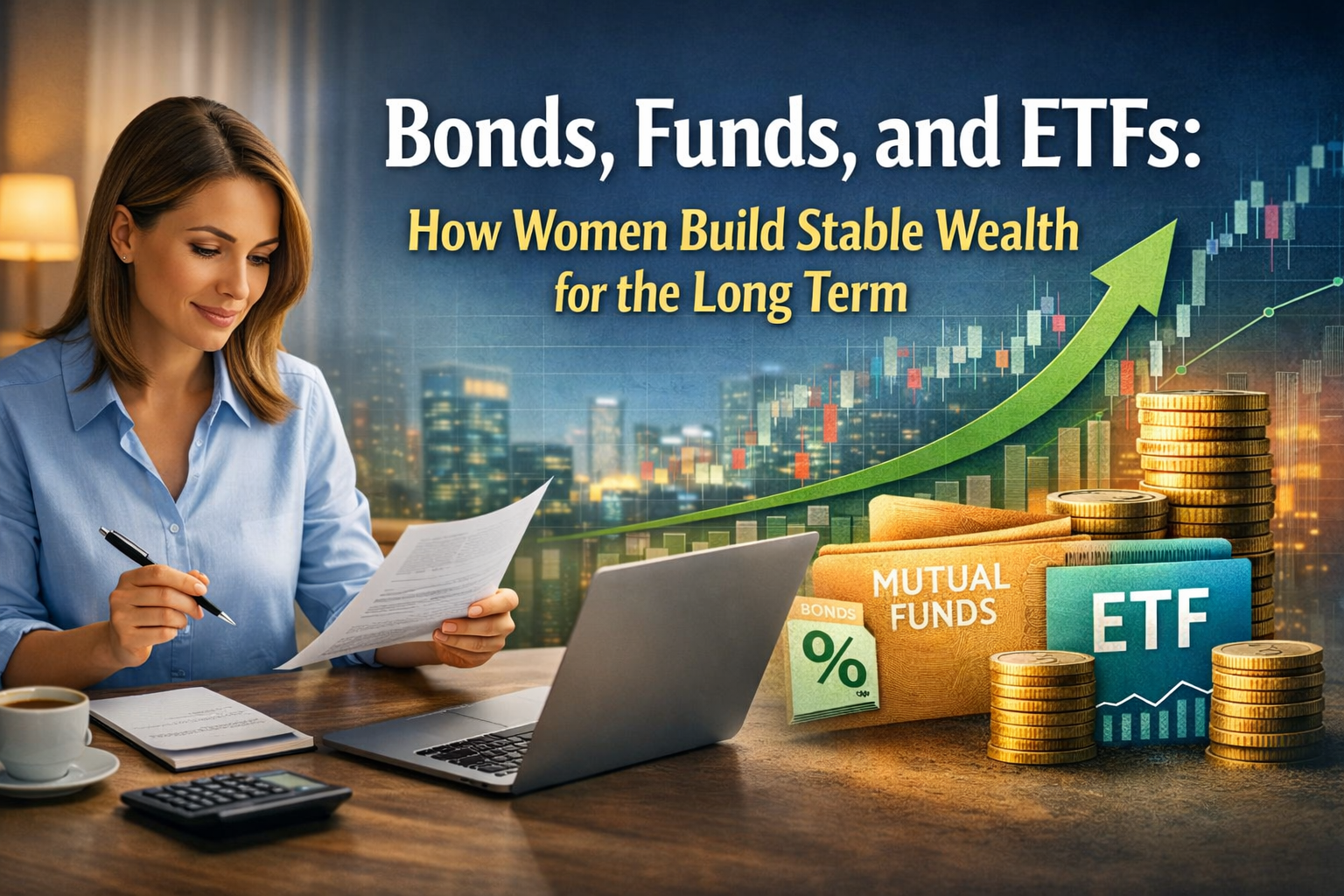 Woman reviewing a long-term investment portfolio with bonds, funds, and ETFs in a calm, modern setting that suggests stability and financial growth.