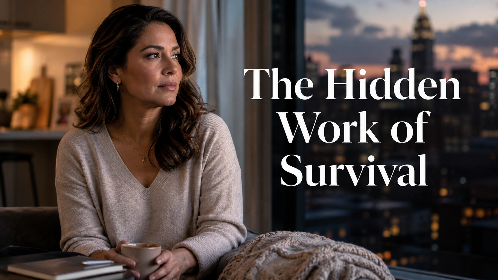 Elegant American woman in a quiet home interior reflecting on unpaid labor, household pressure, and women’s financial resilience during the 2008 recession.
