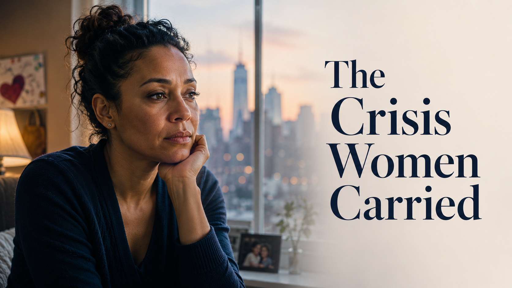 Elegant American woman reflecting on the double shift, survival jobs, unpaid care, and women’s hidden burden during the 2008 financial crisis.