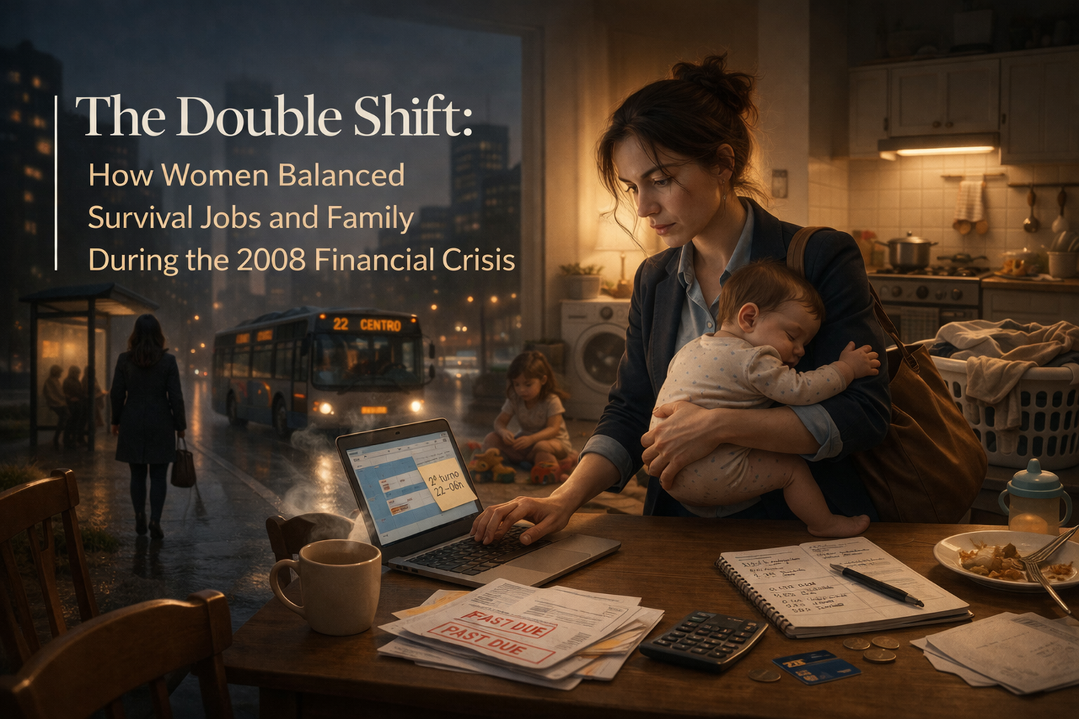 Woman holding a baby while working at a kitchen table, symbolizing the double shift of survival jobs, care work, and family pressure
