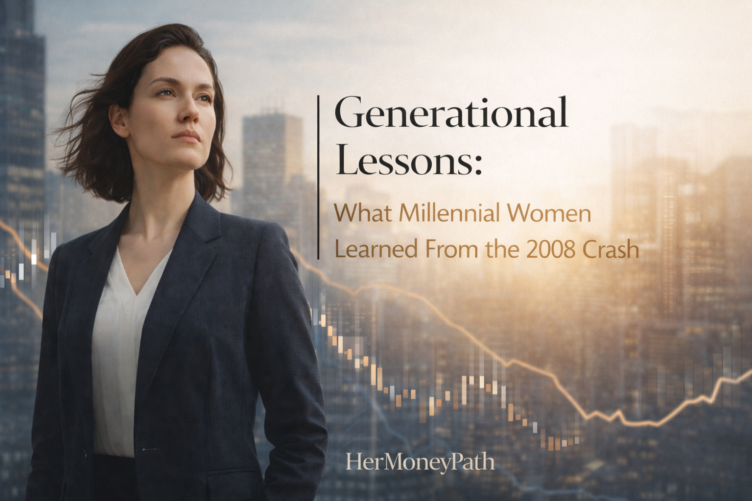 Young woman facing forward before a falling chart, symbolizing the lessons millennial women learned from the 2008 financial crash