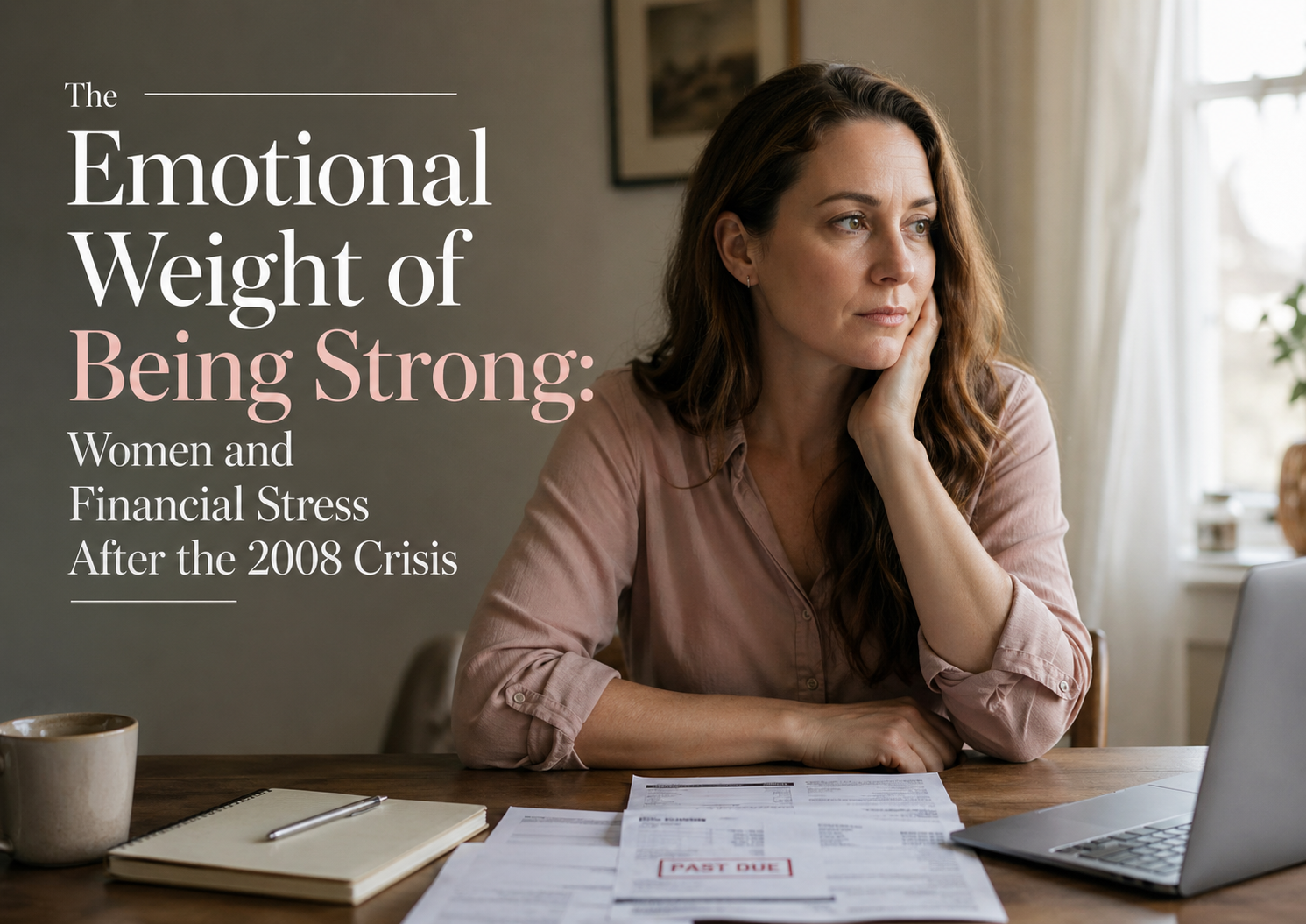 Thoughtful woman with bills at home in a soft editorial setting, reflecting financial stress and silent resilience after the 2008 crisis.