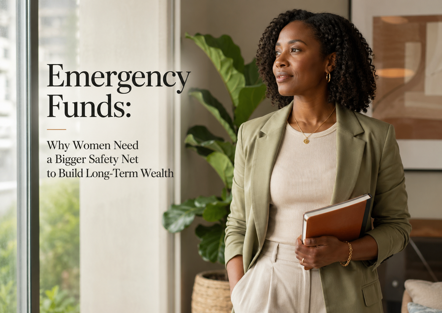 Elegant woman standing by a window with a planner, beside the article title about emergency funds and financial safety.