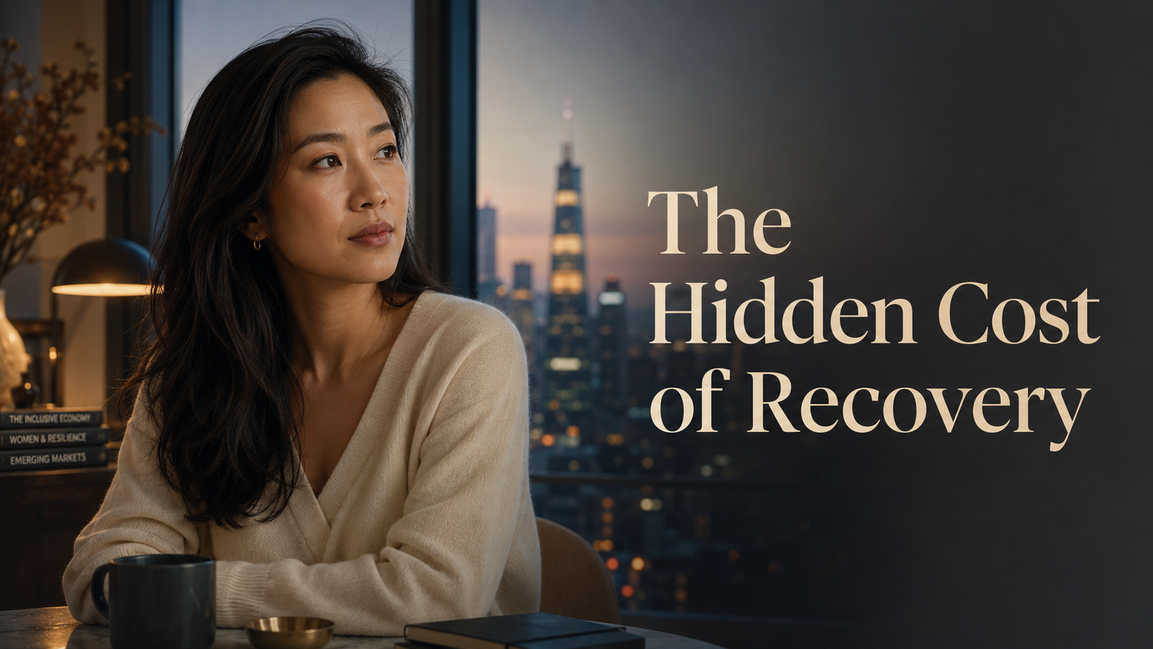 Elegant American woman near a city window reflecting on the hidden household cost of financial recovery and women’s resilience after the Asian financial crisis.
