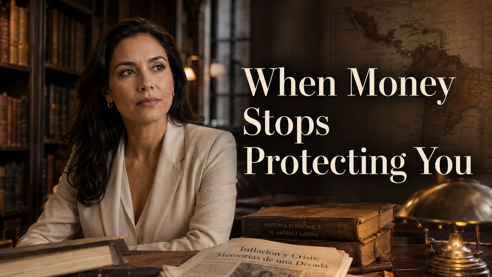 Elegant American woman in a historical library reflecting on Latin America’s Lost Decade, inflation, women’s wealth, and financial security.