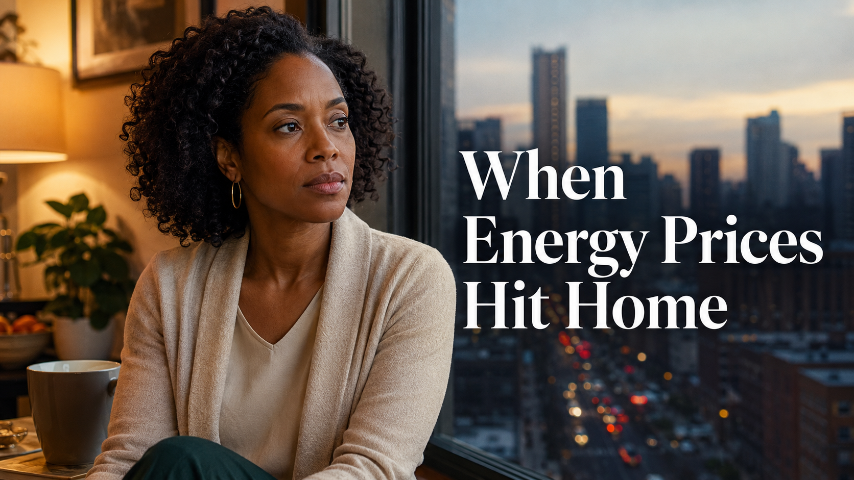Elegant American woman near a city window reflecting on oil shocks, inflation, household budgets, and women’s financial security.