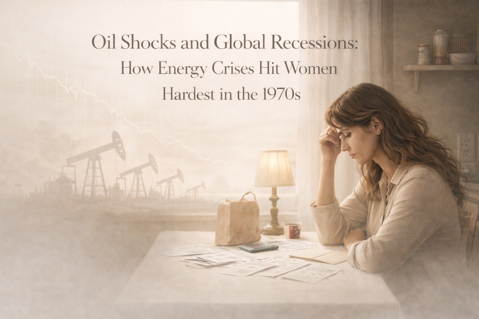 Woman at a table with bills, groceries, and a calculator, beside oil pumps and a falling chart, symbolizing 1970s energy crisis and recession
